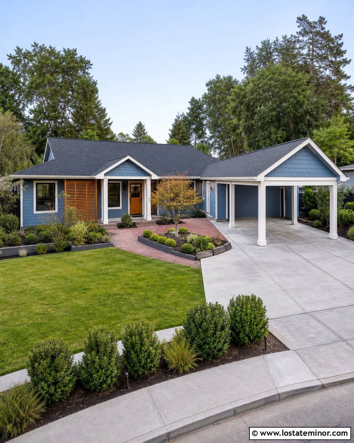 Denim Blue House With Carport Courtyard - 30 Denim Blue House Design With Carport Ideas