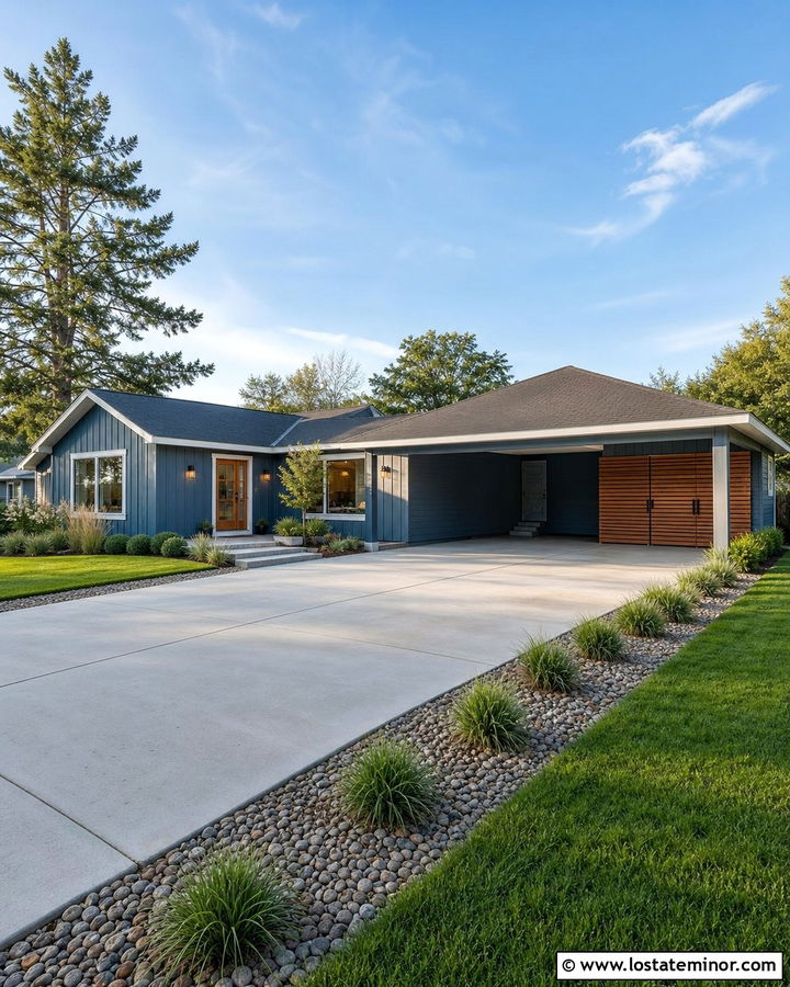 Denim Blue House With Carport Storage Wall - 30 Denim Blue House Design With Carport Ideas