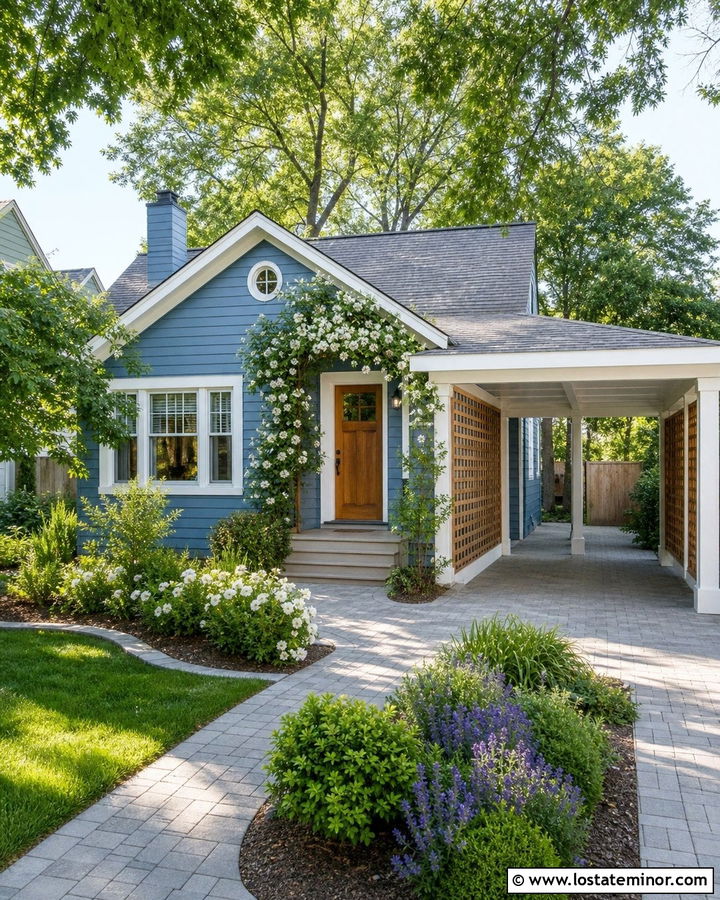 Denim Blue House With Carport Trellis - 30 Denim Blue House Design With Carport Ideas