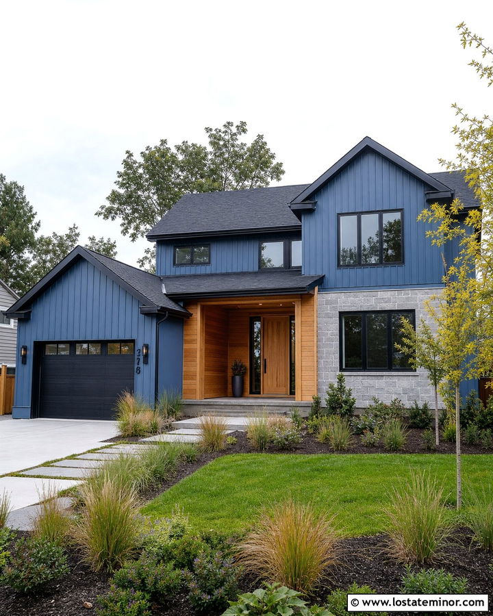 Denim Blue House With Cedar And Black Sconces - 30 Denim Blue House Design With Light Fixtures Ideas