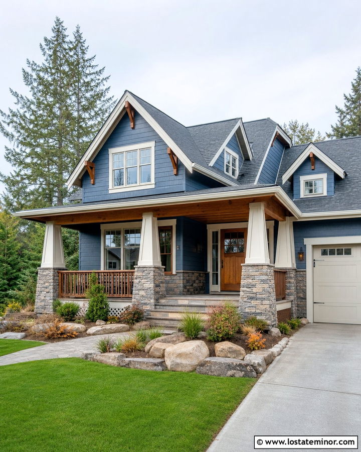 Denim Blue House With Cedar And Stone - 30 Denim Blue House Design With Stone Accents Ideas