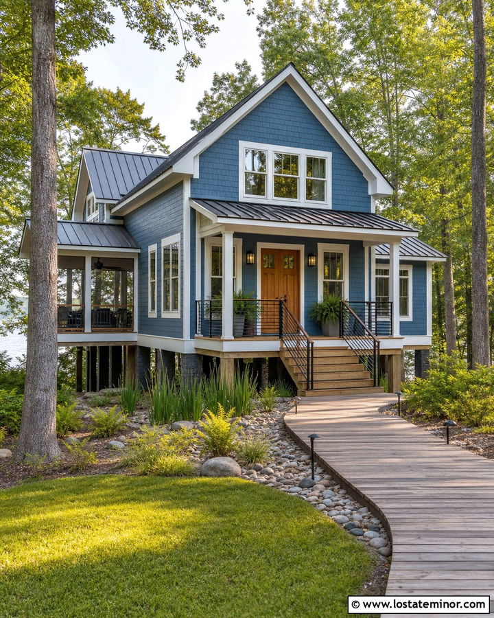 Denim Blue House With Cedar Boardwalk - 30 Denim Blue House Design With Walkway Ideas