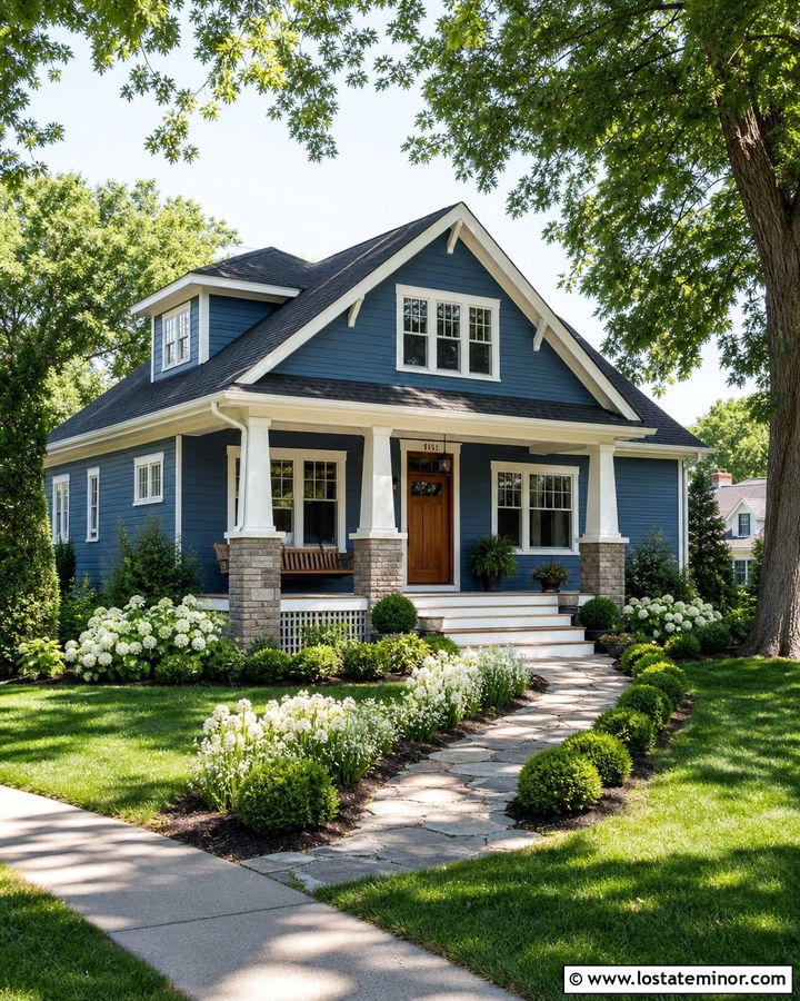 Denim Blue House With Cedar Door And Boxwoods - 30 Denim Blue House Design With Landscaping Ideas