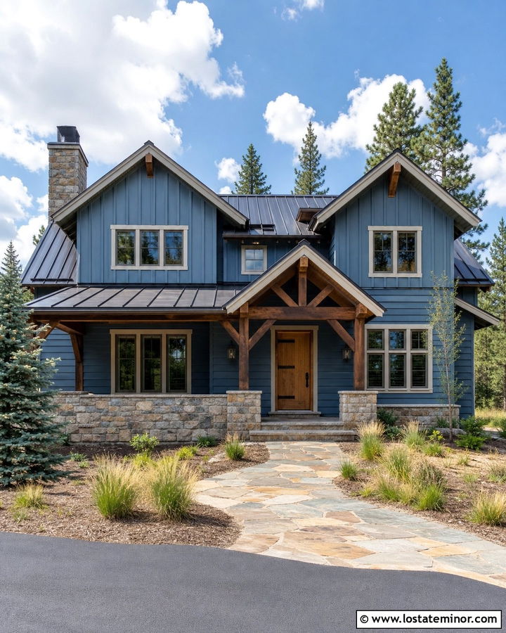Denim Blue House With Cedar Front Door - 30 Denim Blue House Design With Front Door Ideas