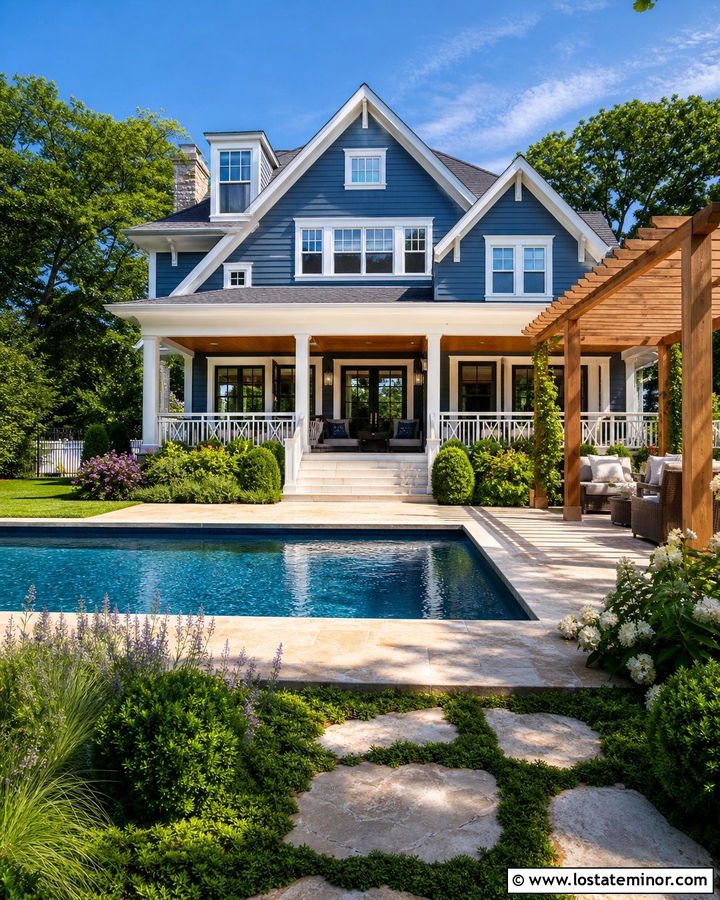 Denim Blue House With Cedar Pergola And Pool - 30 Denim Blue House Design With Swimming Pool Ideas