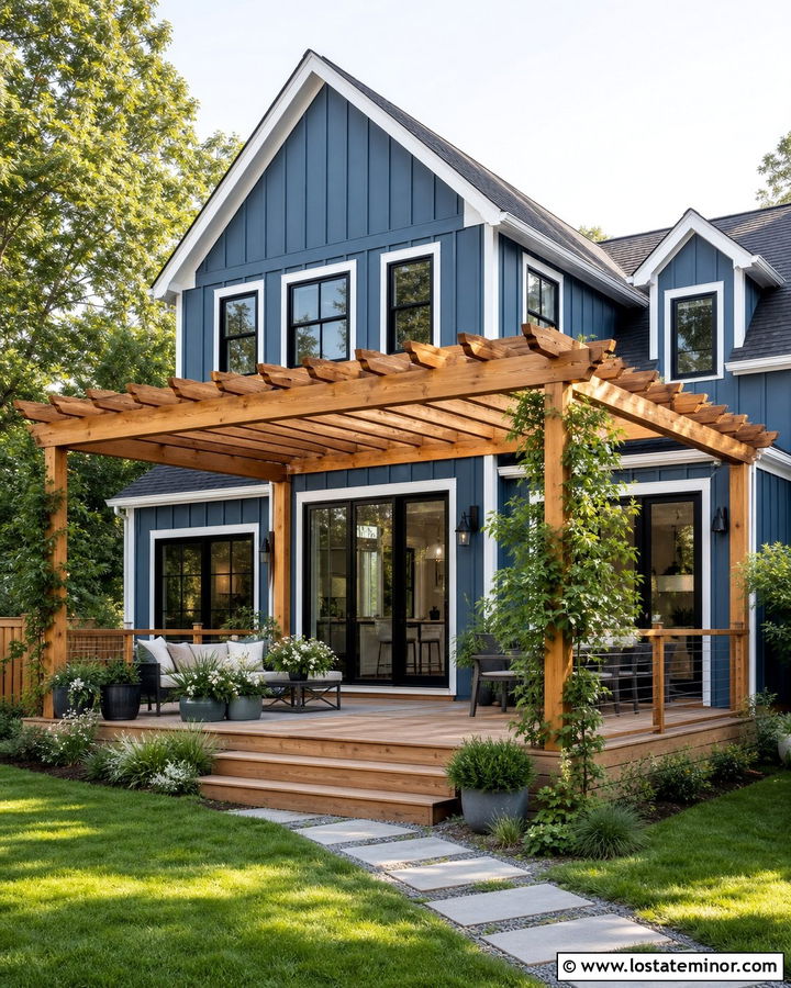 Denim Blue House With Cedar Pergola - 30 Denim Blue House Design With Backyard Ideas