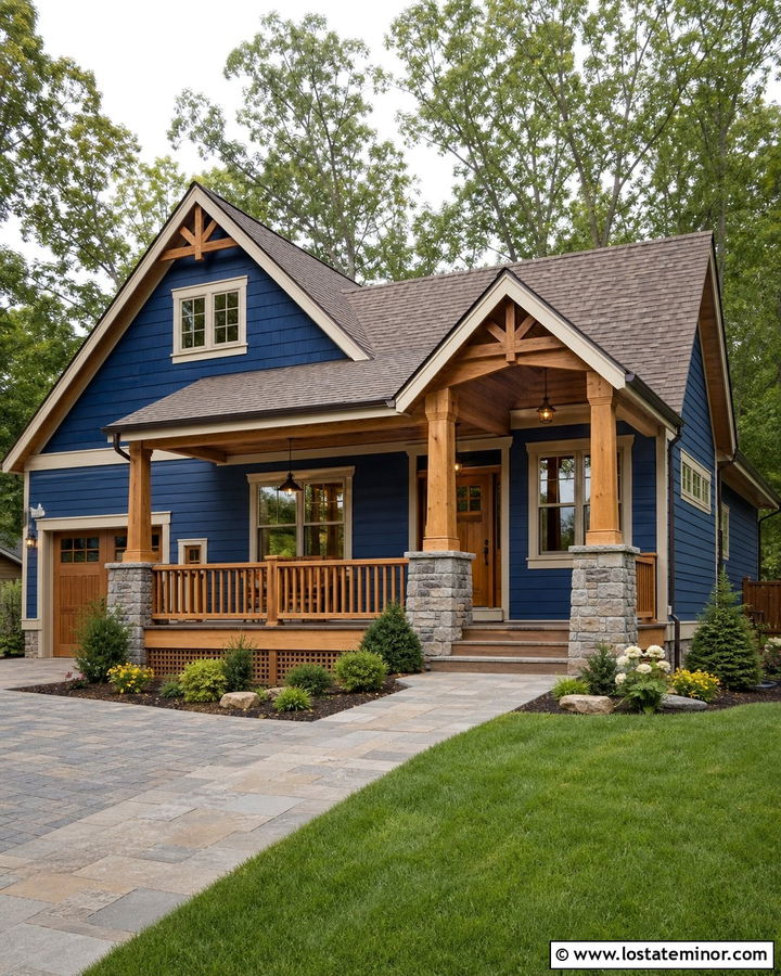 Denim Blue House With Cedar Porch Lighting - 30 Denim Blue House Design With Lighting Ideas