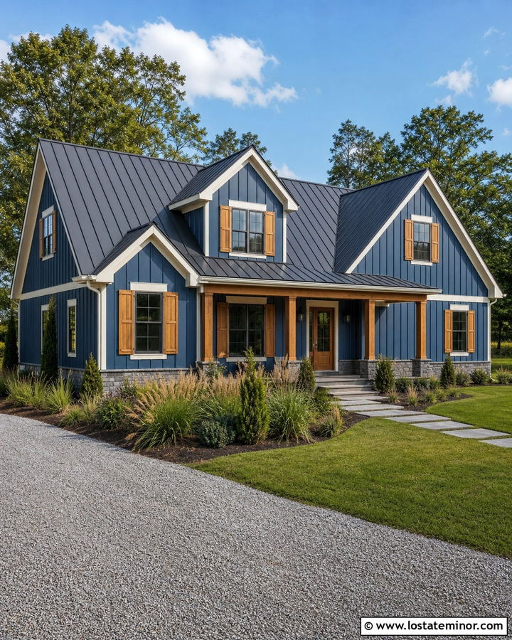 Denim Blue House With Cedar Shutters And Metal Roof - 30 Denim Blue House Design With Shutters Ideas