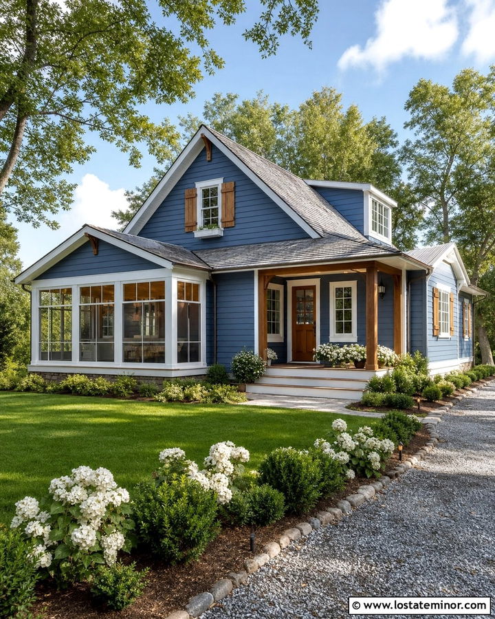 Denim Blue House With Cedar Shutters And Sunroom - 30 Denim Blue House Design With Sunroom Ideas