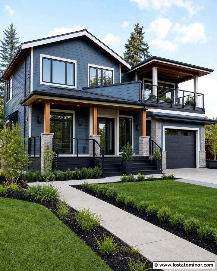 Denim Blue House With Charcoal Composite Deck - 30 Denim Blue House Design With Deck Ideas