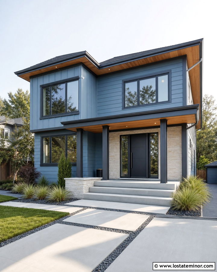 Denim Blue House With Charcoal Gray Front Door - 30 Denim Blue House Design With Front Door Ideas