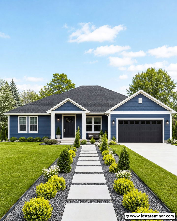 Denim Blue House With Charcoal Roof And Lime Green Foliage - 30 Denim Blue House Design With Landscaping Ideas