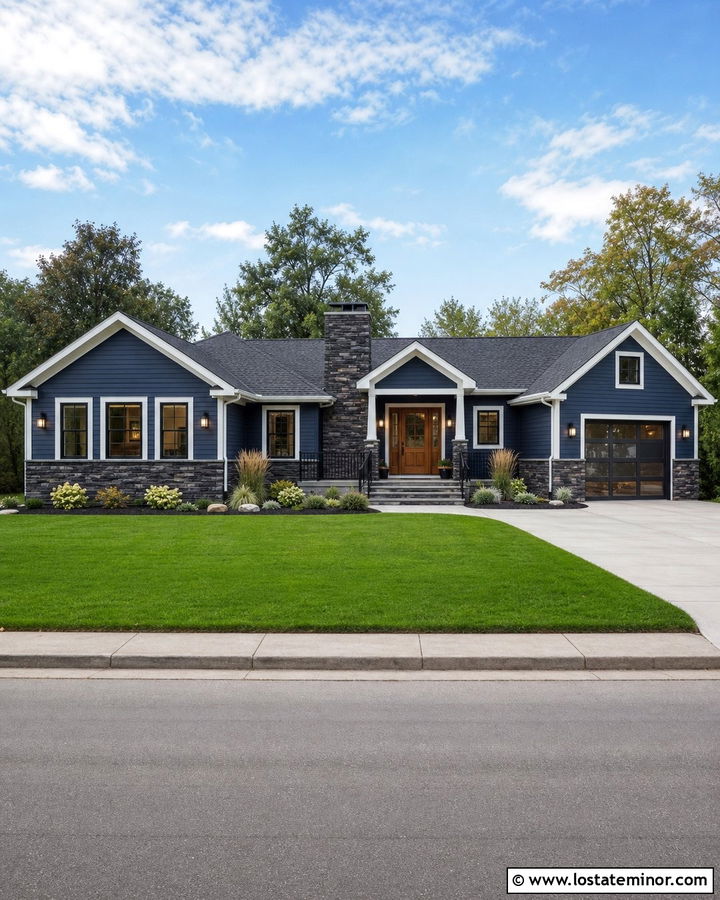 Denim Blue House With Charcoal Stone - 30 Denim Blue House Design With Stone Accents Ideas