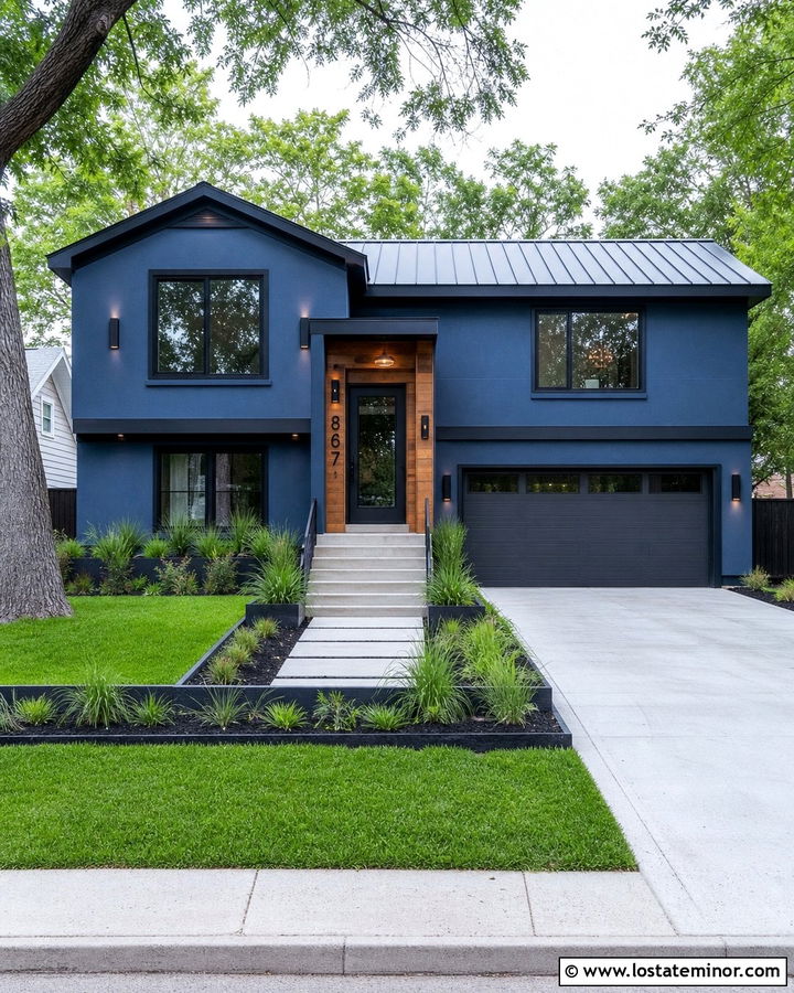 Denim Blue House With Charcoal Trim And Cylinder Lights - 30 Denim Blue House Design With Light Fixtures Ideas