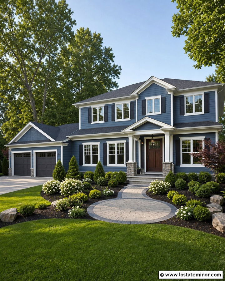 Denim Blue House With Circular Paver Landing - 30 Denim Blue House Design With Walkway Ideas