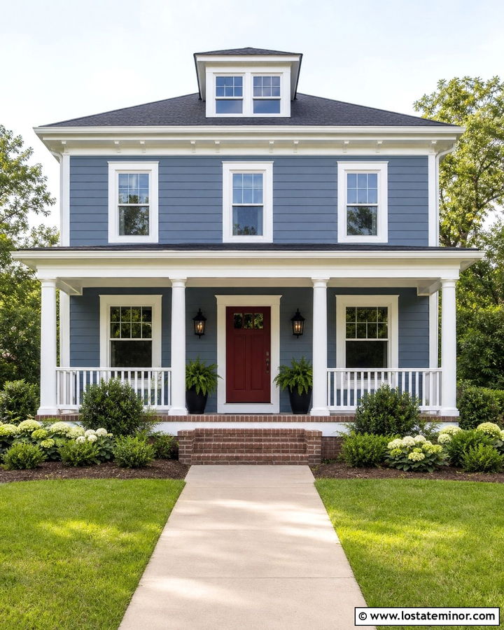 Denim Blue House With Classic Red Front Door - 30 Denim Blue House Design With Entry Door Ideas