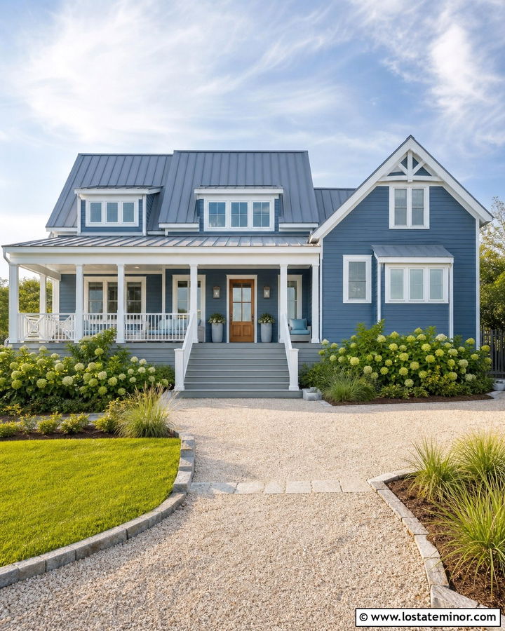 Denim Blue House With Coastal Deck Steps - 30 Denim Blue House Design With Steps Ideas