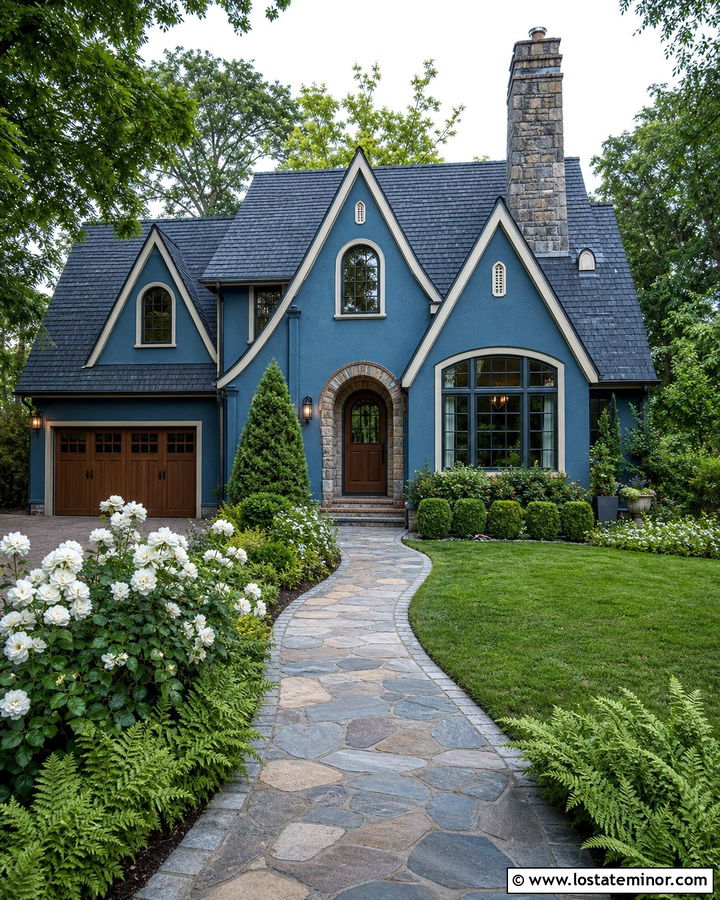 Denim Blue House With Cobblestone Walkway - 30 Denim Blue House Design With Walkway Ideas