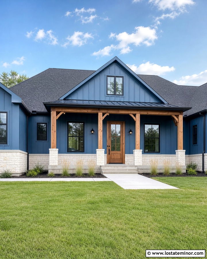 Denim Blue House With Cognac Front Door - 30 Denim Blue House Design With Front Door Ideas