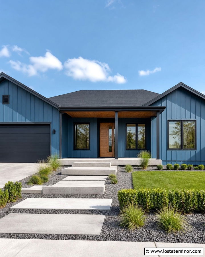 Denim Blue House With Concrete Front Porch - 30 Denim Blue House Design With Front Porch Ideas