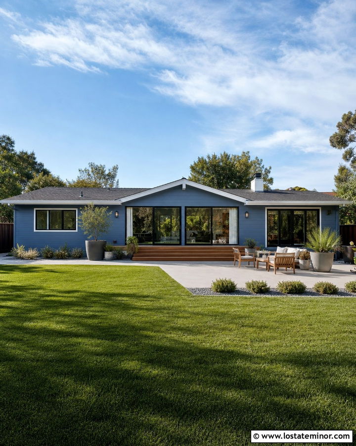 Denim Blue House With Concrete Patio - 30 Denim Blue House Design With Backyard Ideas