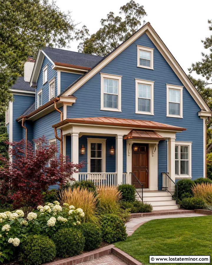 Denim Blue House With Copper Accents And Warm Landscaping - 30 Denim Blue House Design With Landscaping Ideas