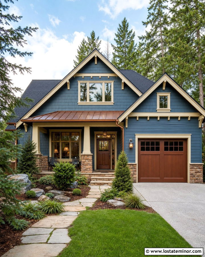Denim Blue House With Copper Brown Garage Door - 30 Denim Blue House Design With Garage Door Ideas