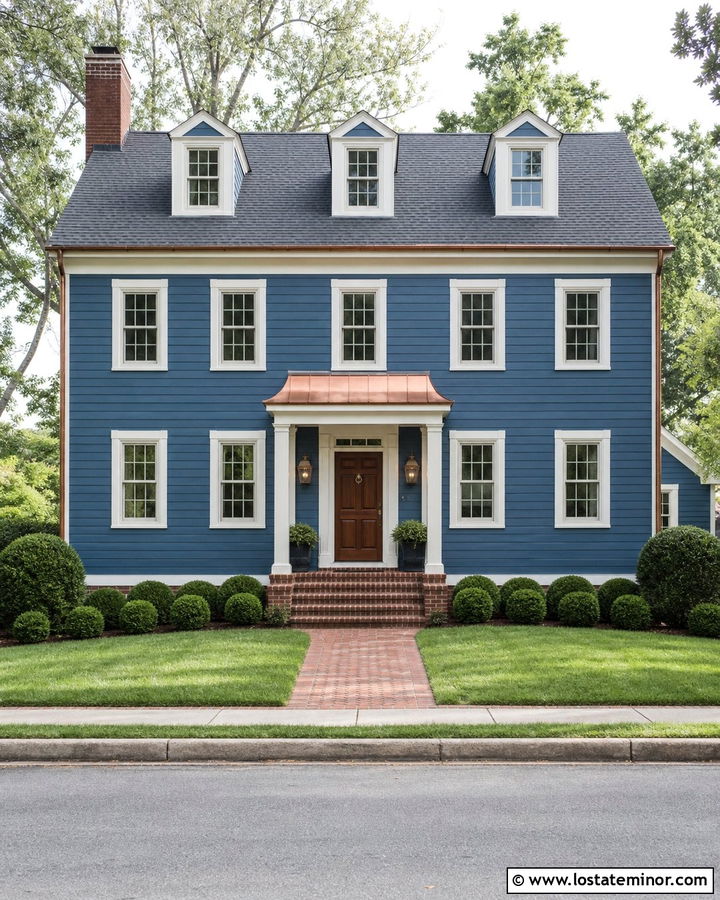 Denim Blue House With Copper Entry Awning - 30 Denim Blue House Design With Awning Ideas