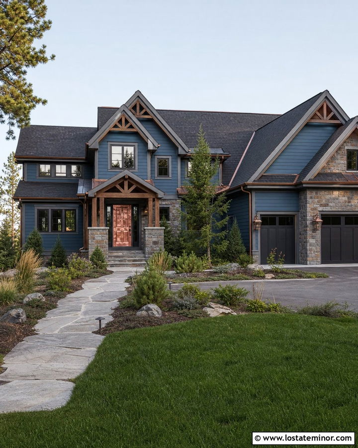 Denim Blue House With Copper Front Door - 30 Denim Blue House Design With Front Door Ideas