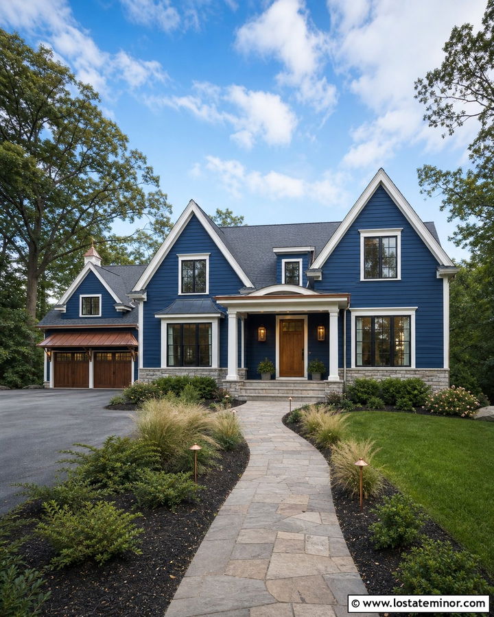 Denim Blue House With Copper Path Lights - 30 Denim Blue House Design With Lighting Ideas