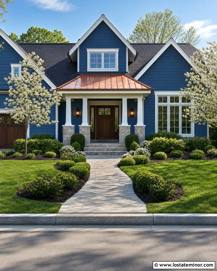 Denim Blue House With Copper Porch Roof - 30 Denim Blue House Design With Porch Columns Ideas