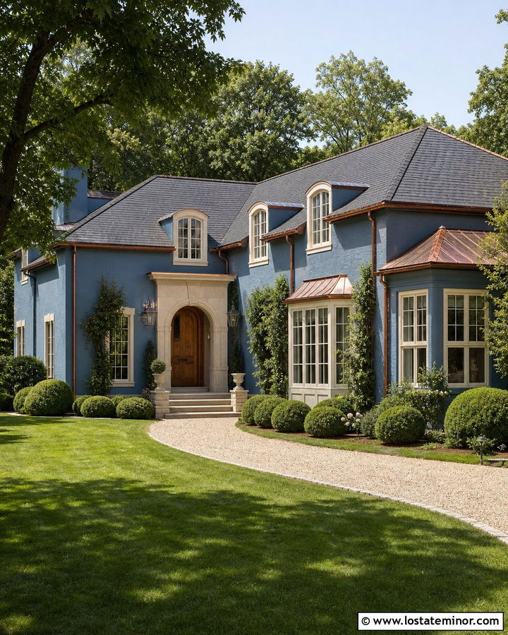 Denim Blue House With Copper Roof Accents - 30 Denim Blue House Design With Roof Ideas