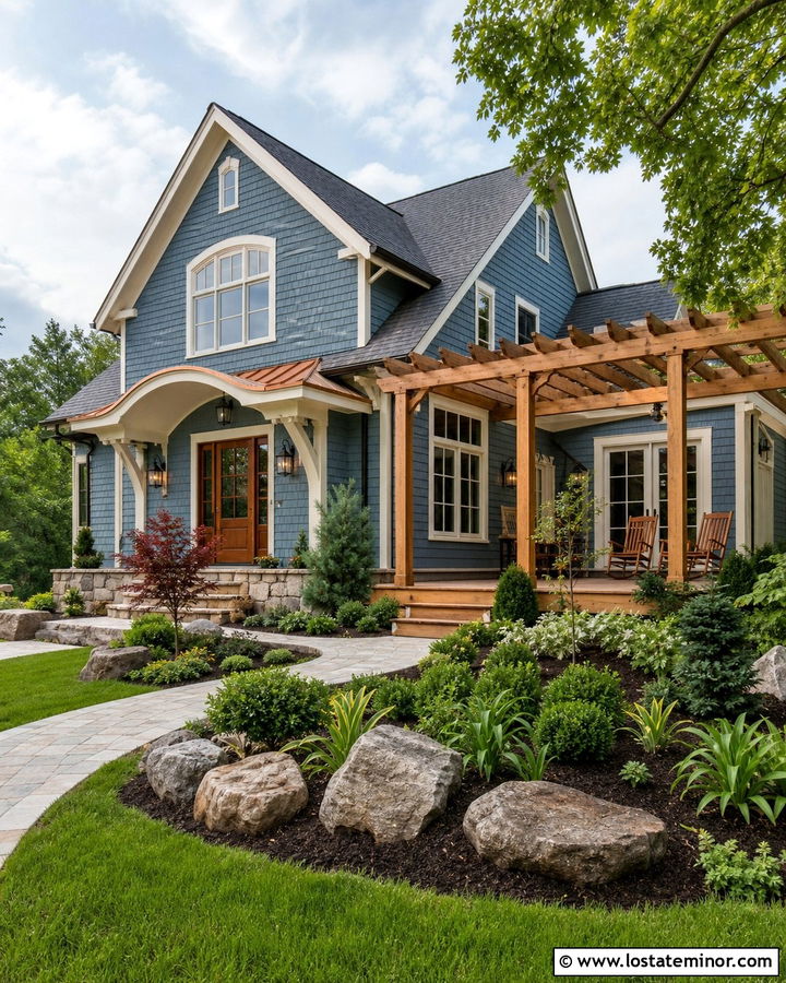 Denim Blue House With Copper Roof And Cedar Deck - 30 Denim Blue House Design With Deck Ideas