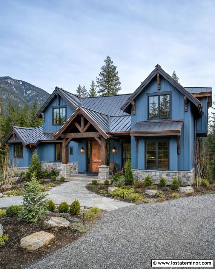 Denim Blue House With Copper Toned Front Door - 30 Denim Blue House Design With Entry Door Ideas