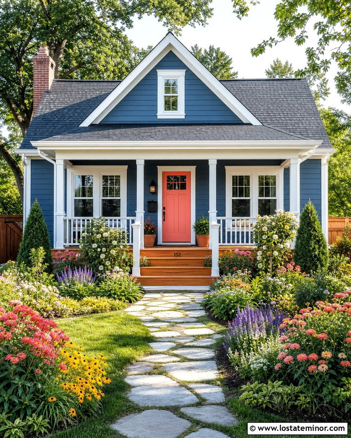 Denim Blue House With Coral Door And Pollinator Garden - 30 Denim Blue House Design With Landscaping Ideas