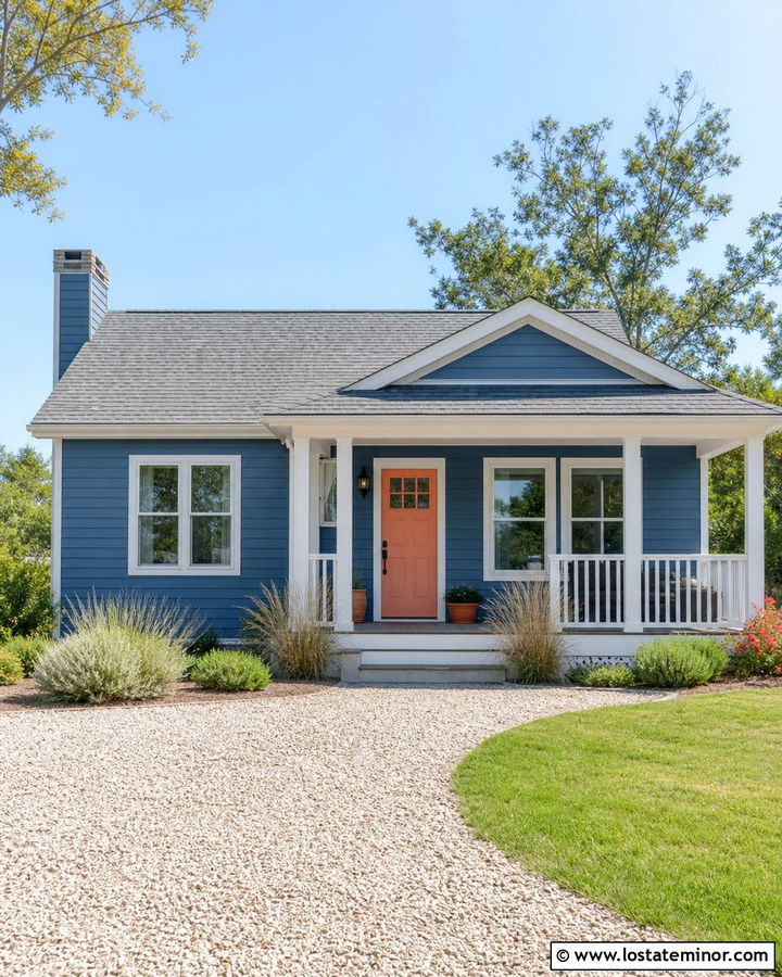 Denim Blue House With Coral Front Door - 30 Denim Blue House Design With Front Door Ideas