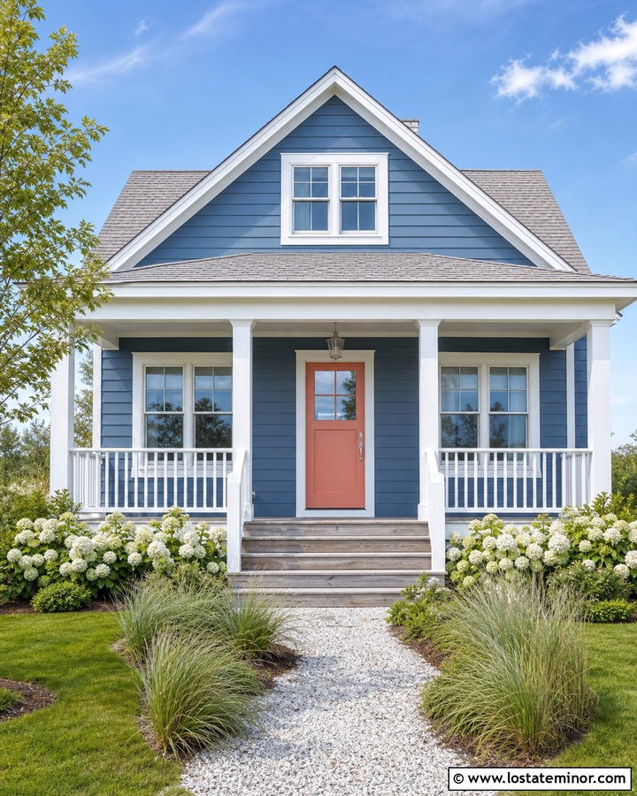 Denim Blue House With Coral Front Door - 30 Denim Blue House Design With Entry Door Ideas