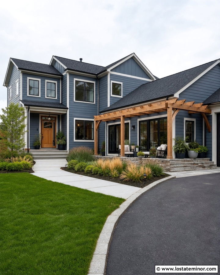 Denim Blue House With Corner Pergola - 30 Denim Blue House Design With Pergola Ideas
