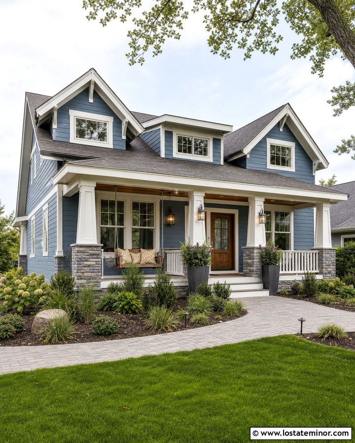 Denim Blue House With Corner Porch Swing - 30 Denim Blue House Design With Swing Ideas