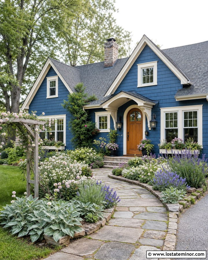 Denim Blue House With Cottage Garden Walkway - 30 Denim Blue House Design With Walkway Ideas