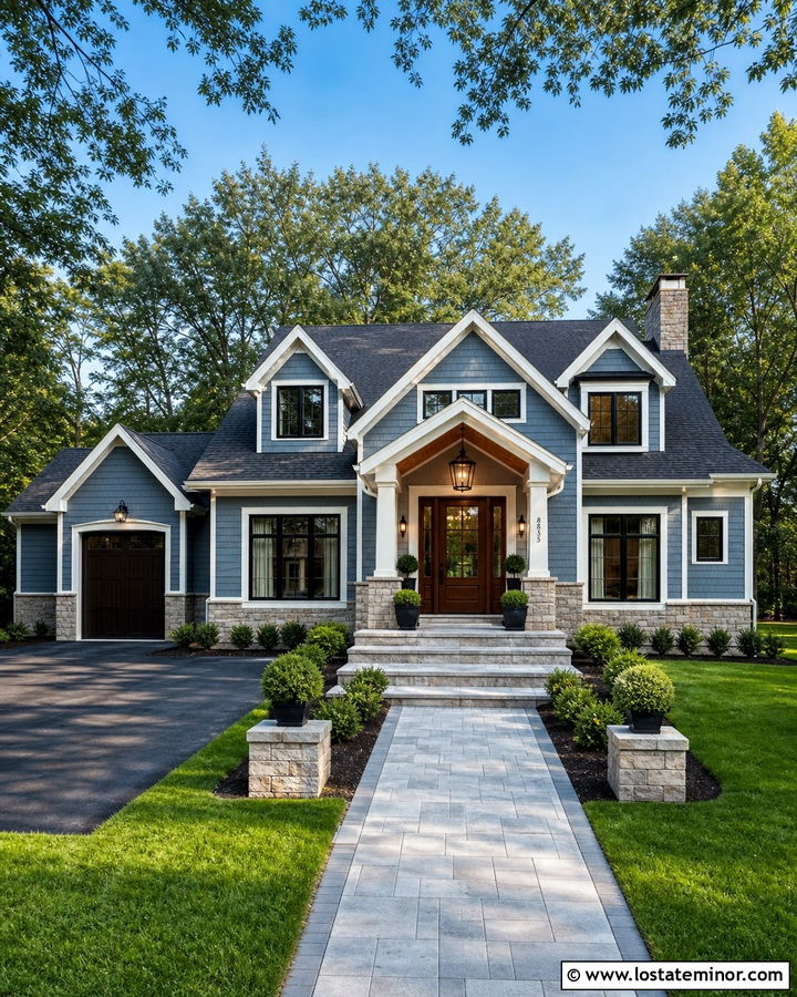 Denim Blue House With Covered Entry And Oversized Lantern - 30 Denim Blue House Design With Light Fixtures Ideas