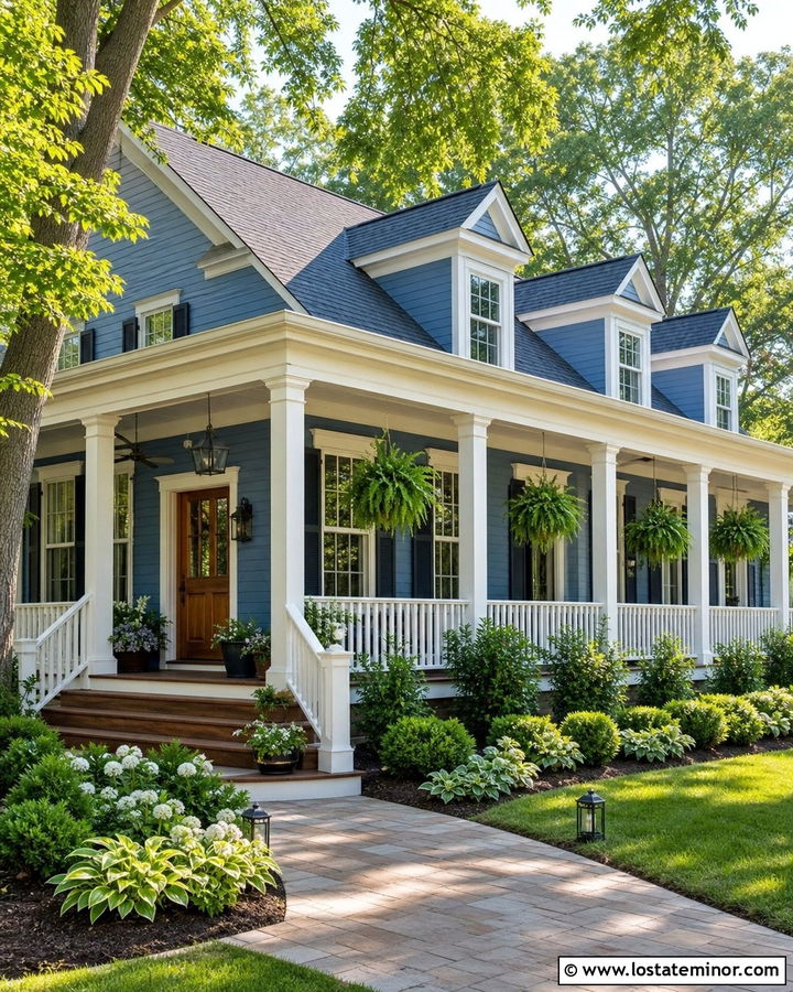 Denim Blue House With Covered Porch And Hanging Ferns - 30 Denim Blue House Design With Landscaping Ideas