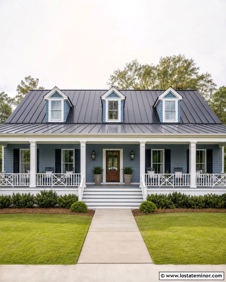 Denim Blue House With Covered Porch Steps - 30 Denim Blue House Design With Steps Ideas