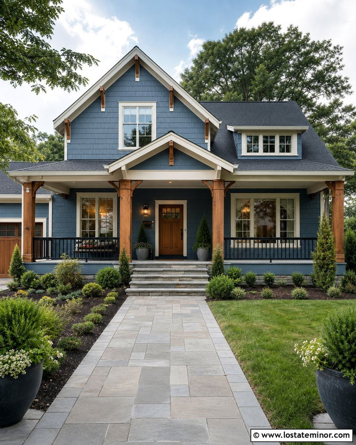 Denim Blue House With Covered Porch Walkway - 30 Denim Blue House Design With Walkway Ideas