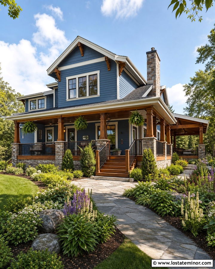 Denim Blue House With Craftsman Backyard - 30 Denim Blue House Design With Backyard Ideas