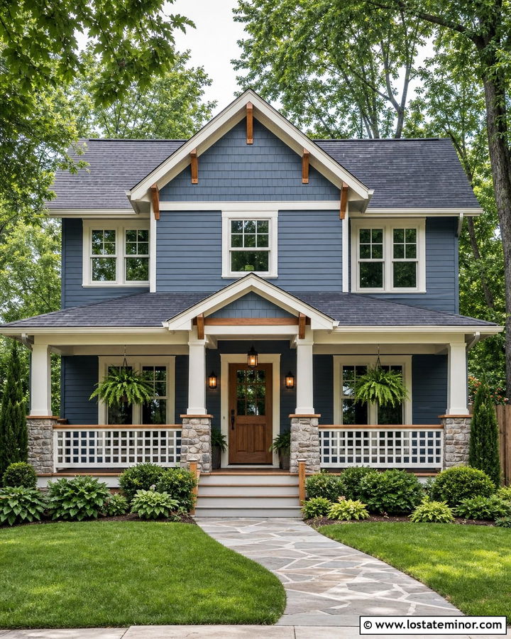 Denim Blue House With Craftsman Grid Railings - 30 Denim Blue House Design With Railings Ideas