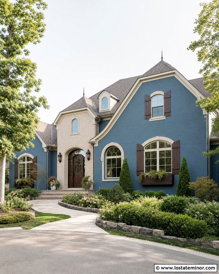 Denim Blue House With Cream Brick - 30 Denim Blue House Design With Brick Accents Ideas