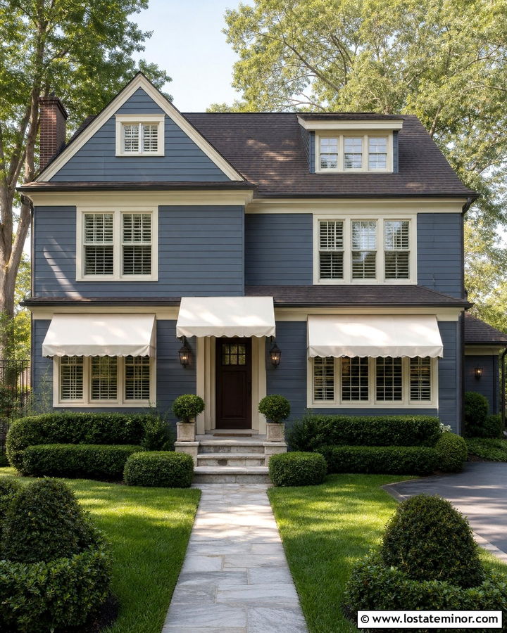 Denim Blue House With Cream Canvas Awning - 30 Denim Blue House Design With Awning Ideas