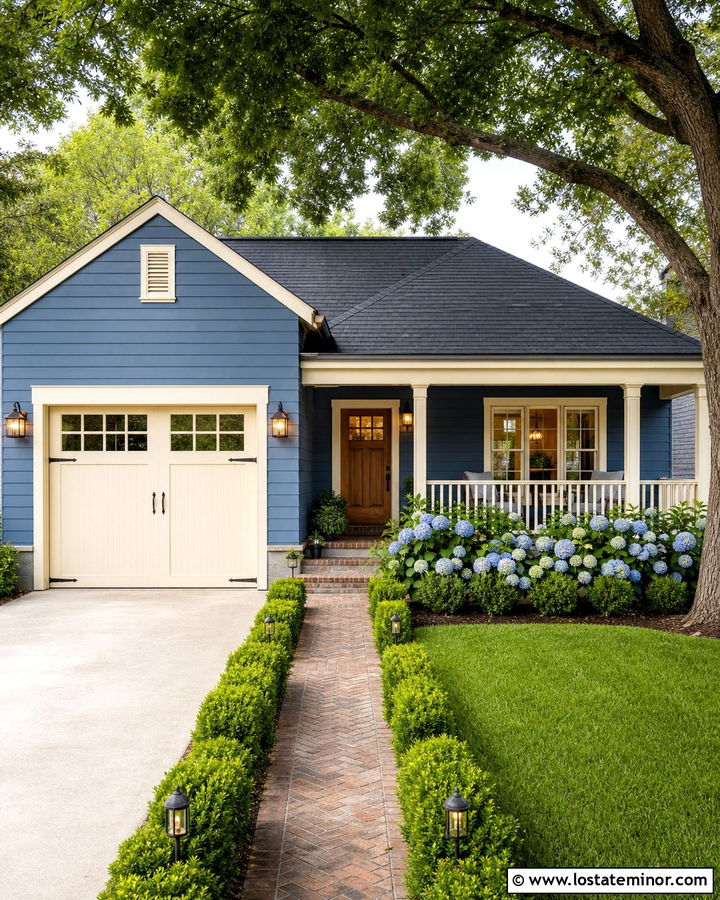 Denim Blue House With Cream Garage Door - 30 Denim Blue House Design With Garage Door Ideas