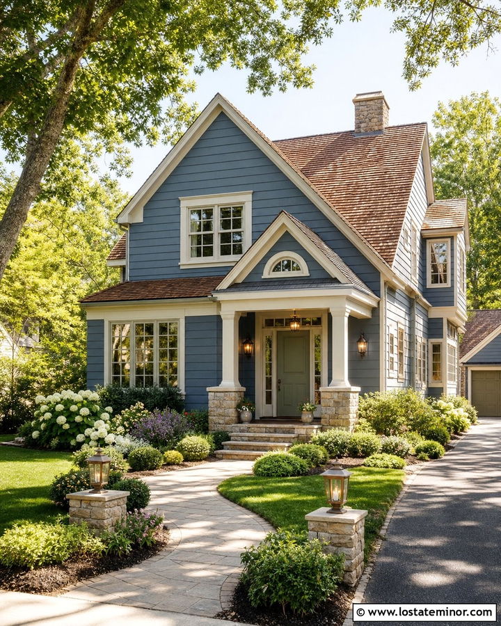 Denim Blue House With Cream Trim And Brass Lights - 30 Denim Blue House Design With Light Fixtures Ideas